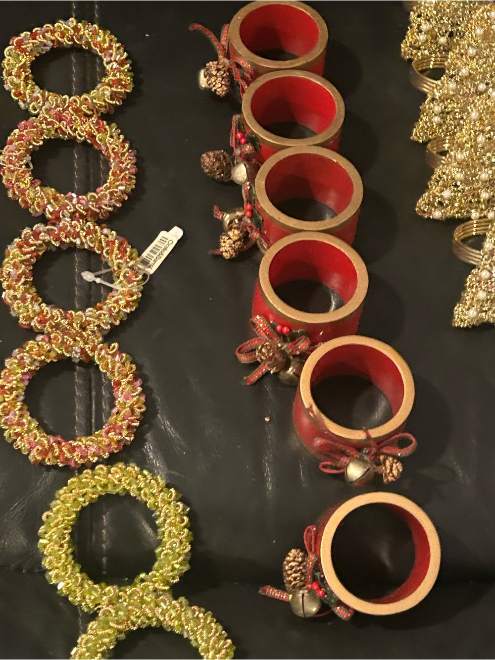 Crate&Barrel Red and Gold Festive Napkin Rings with Bell Accents